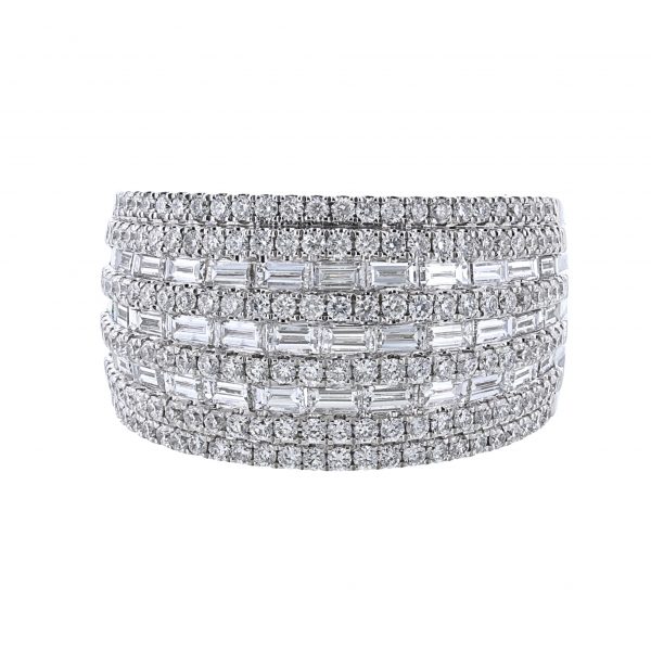 Multi Row Round Baguette Diamond Dome Ring