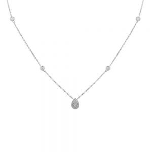 18K White Gold Teardrop necklace with baguette and round cut diamonds