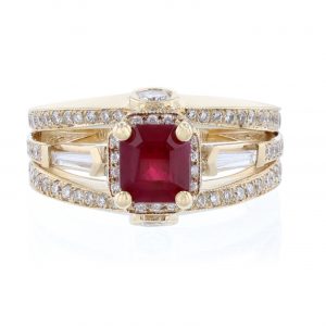 14K Yellow Gold Ascher Cut Ruby Diamond Ring