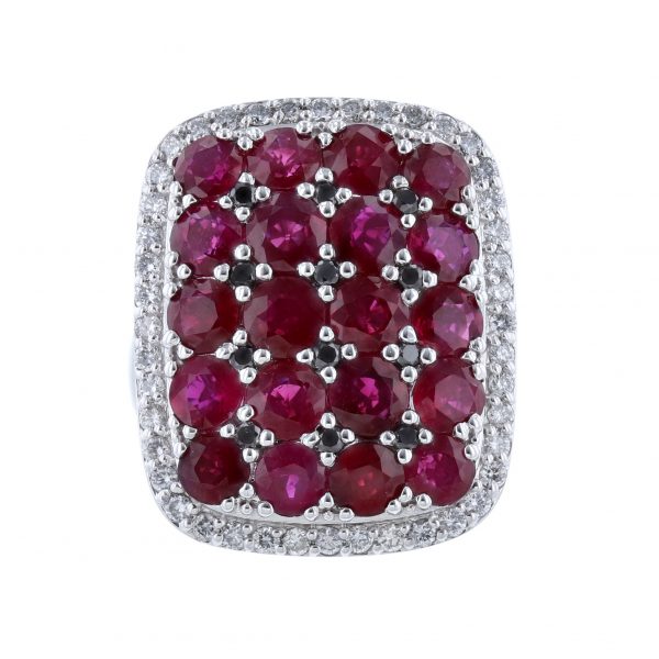 14K White Gold Ruby Black Diamond Ring