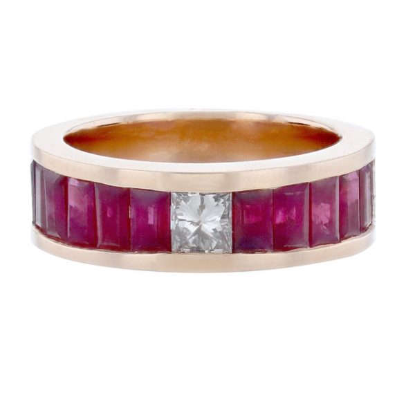 14K Rose Gold Princess Ruby Diamond Band