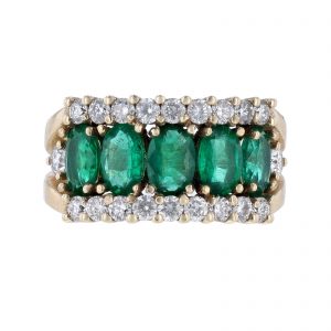 14K Yellow Gold Oval Emeralds Diamond Ring