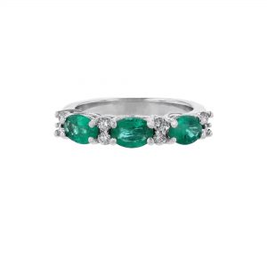14K White Gold Triple Emerald Diamond Ring