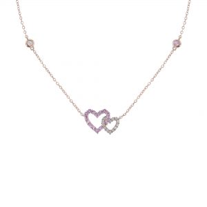 Double Heart Station Necklace, Pink Sapphire