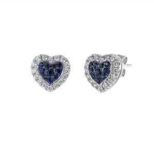 18K White Gold Heart Diamond Halo Stud Earrings, Blue Sapphire