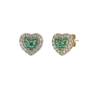 Heart Diamond Halo Stud Earrings, Emerald