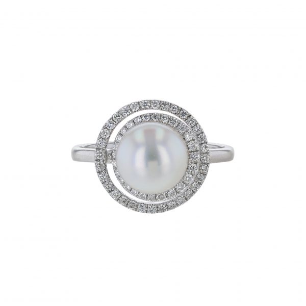 Cultured Pearl Diamond Swirl Halo Ring