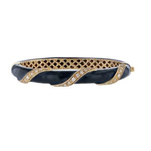 14K Yellow Gold Diamond Black Enamel Bangle, 0.60ct.