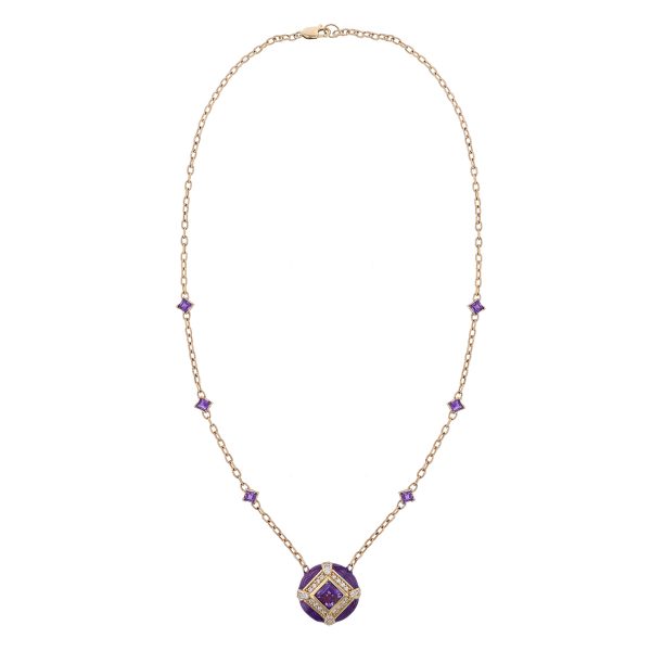 Amethyst Diamond Enamel Pendant Necklace